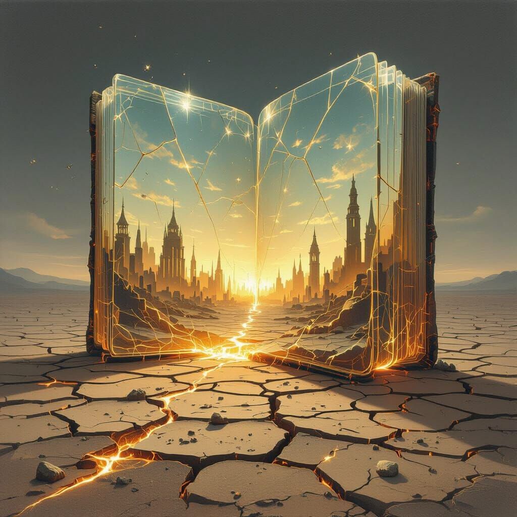 Colossal Glowing Glass Book on Cracked Earth