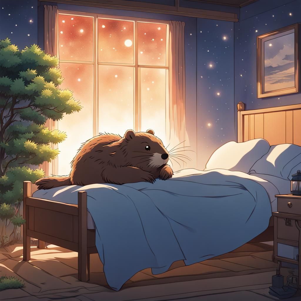 Beaver in Bed Under Stars: Studio Ghibli Anime