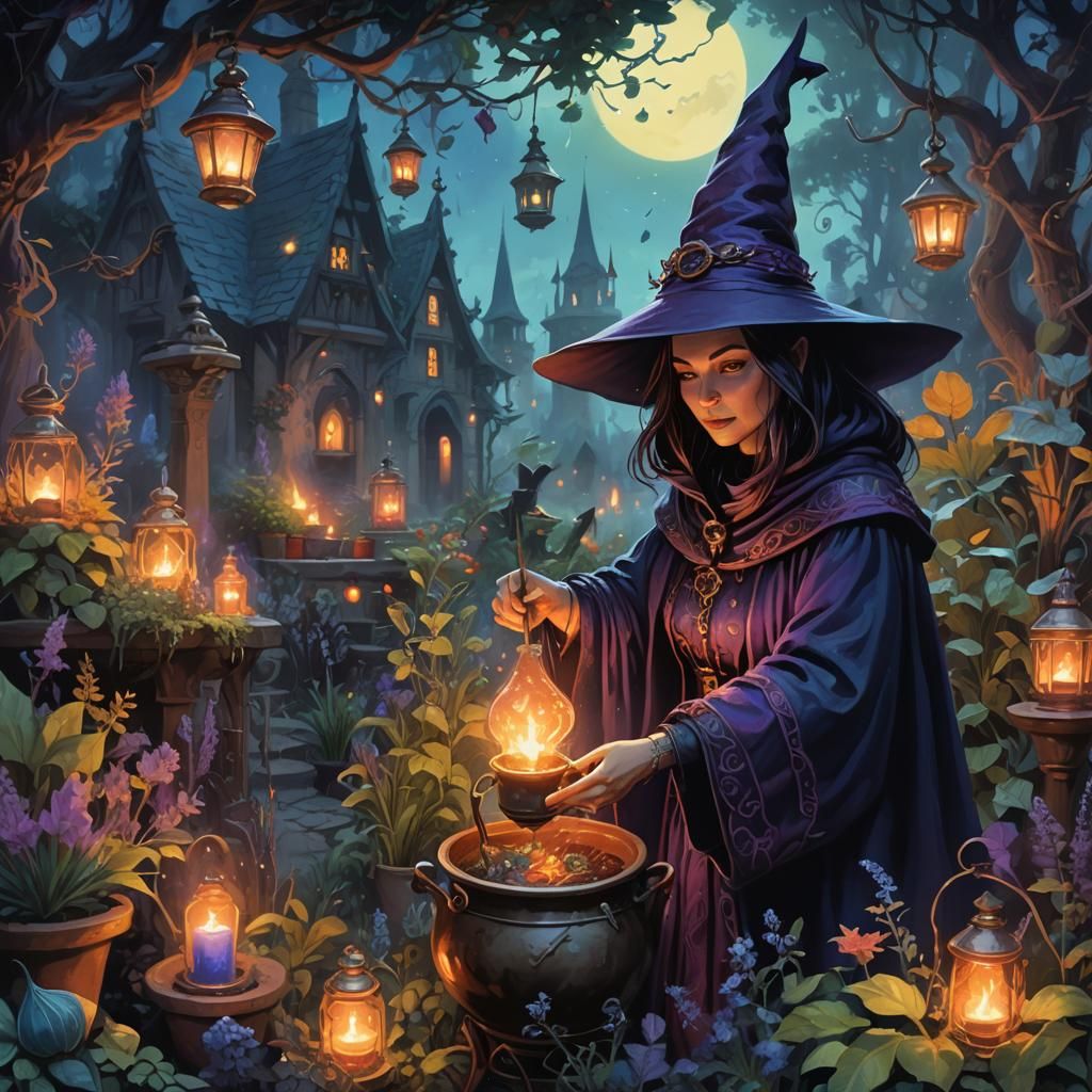 Garden Witch Brewing Potion: Fantasy Concept Art