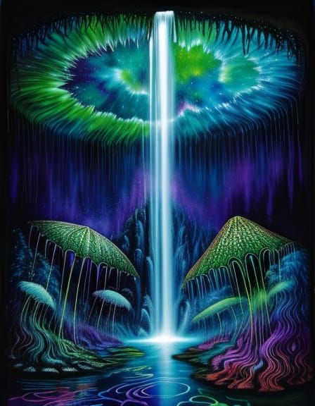 Surreal Cosmic Waterfall in Vivid Alcohol Ink Style