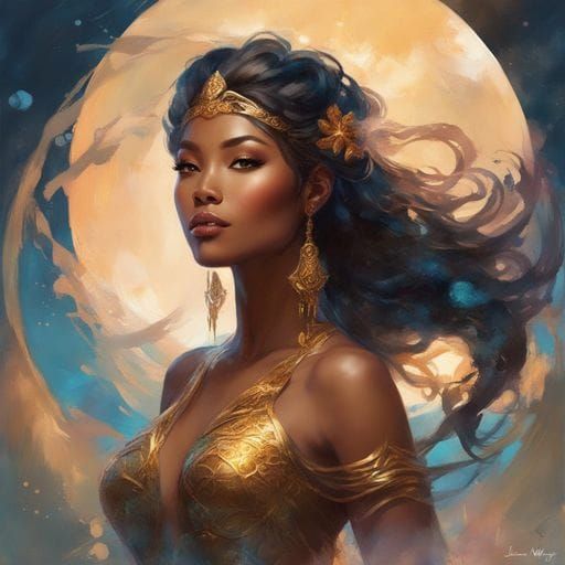 Beautiful Black Asian Mermaid in Splash Art Style