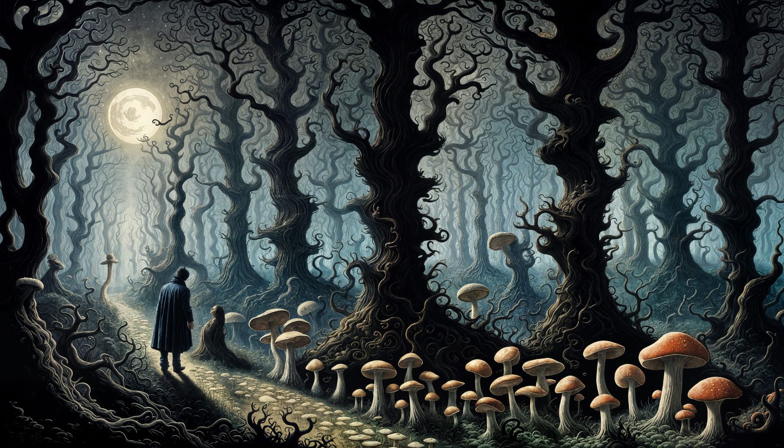 Ethereal Night Forest in a Max Ernst Inspired Manner