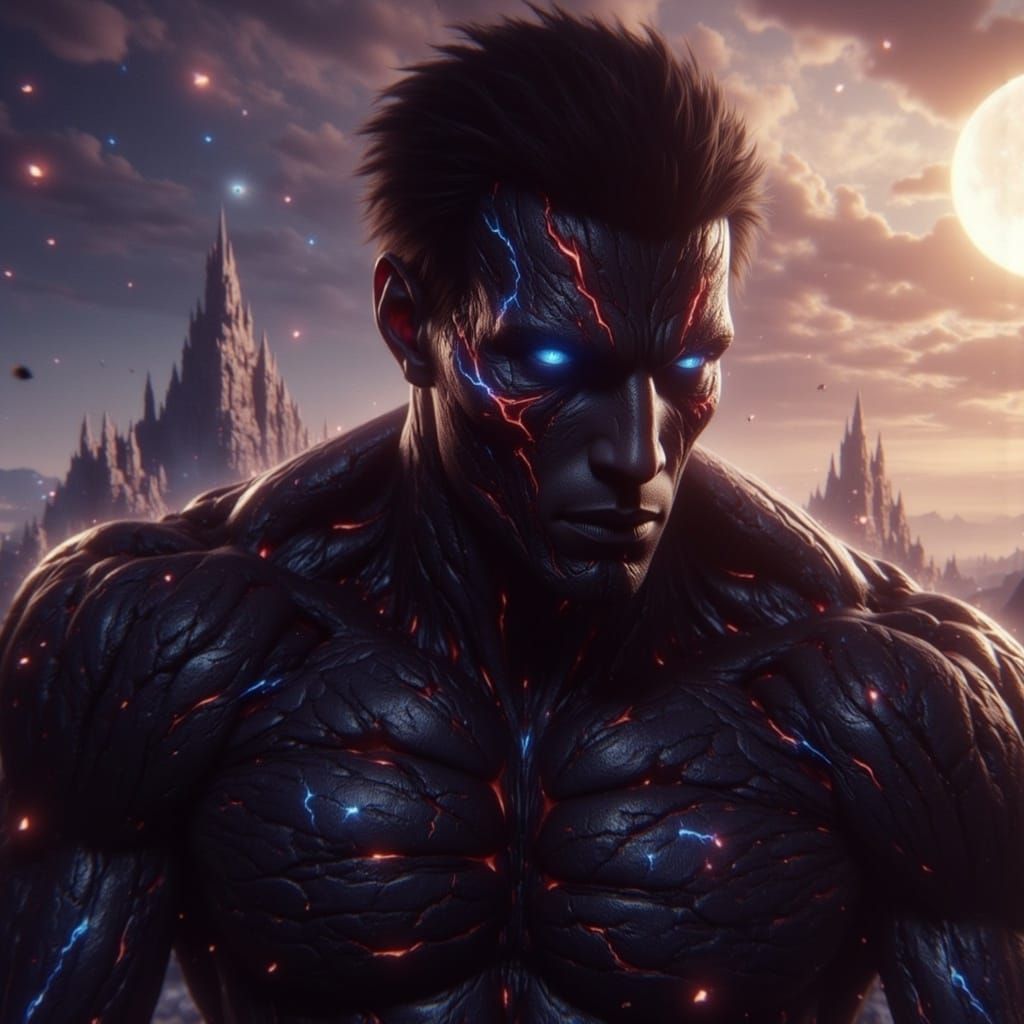 Colossal Man Silhouetted on Mountain Peak