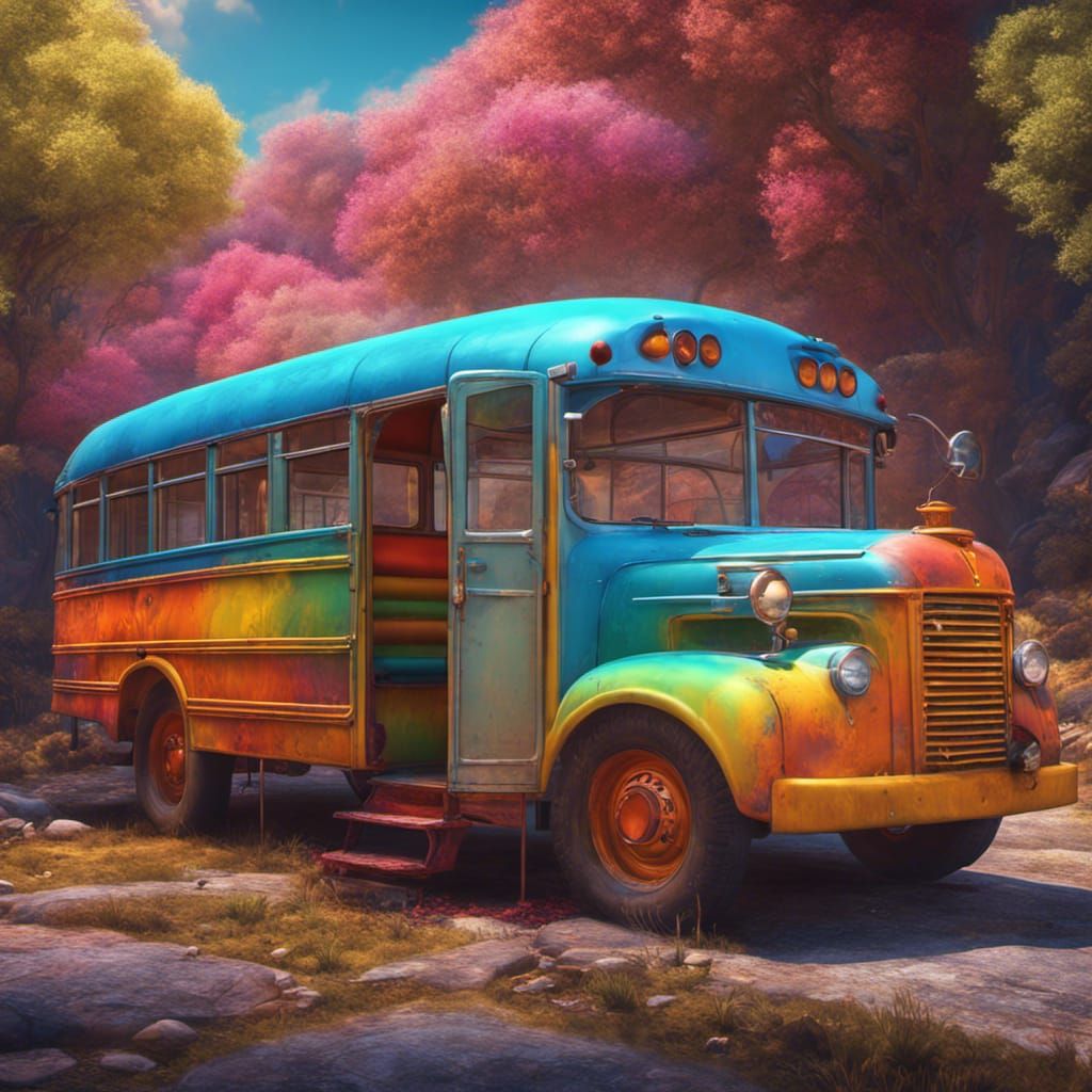Psychedelic School Bus: Surrealist Fantasy Art