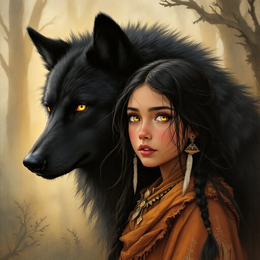 Native American Girl Protected by a Loyal Black Wolf in a St...