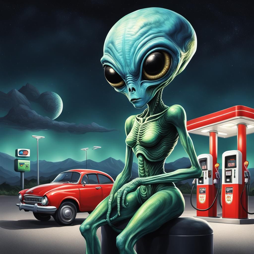 Alien Refuels Car at Gas Pump with Eye