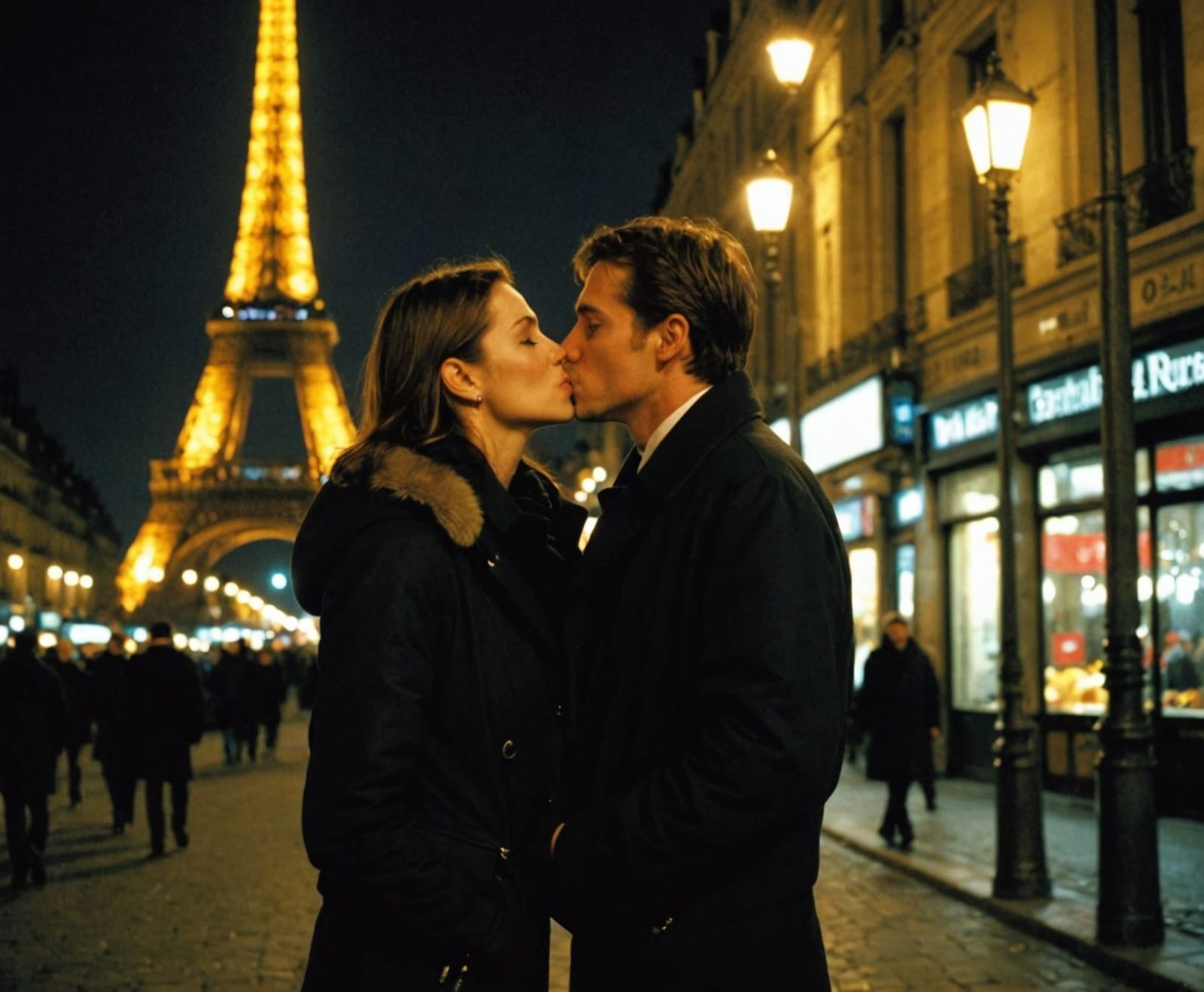 Romantic Parisian Kiss Under Midnight Sky