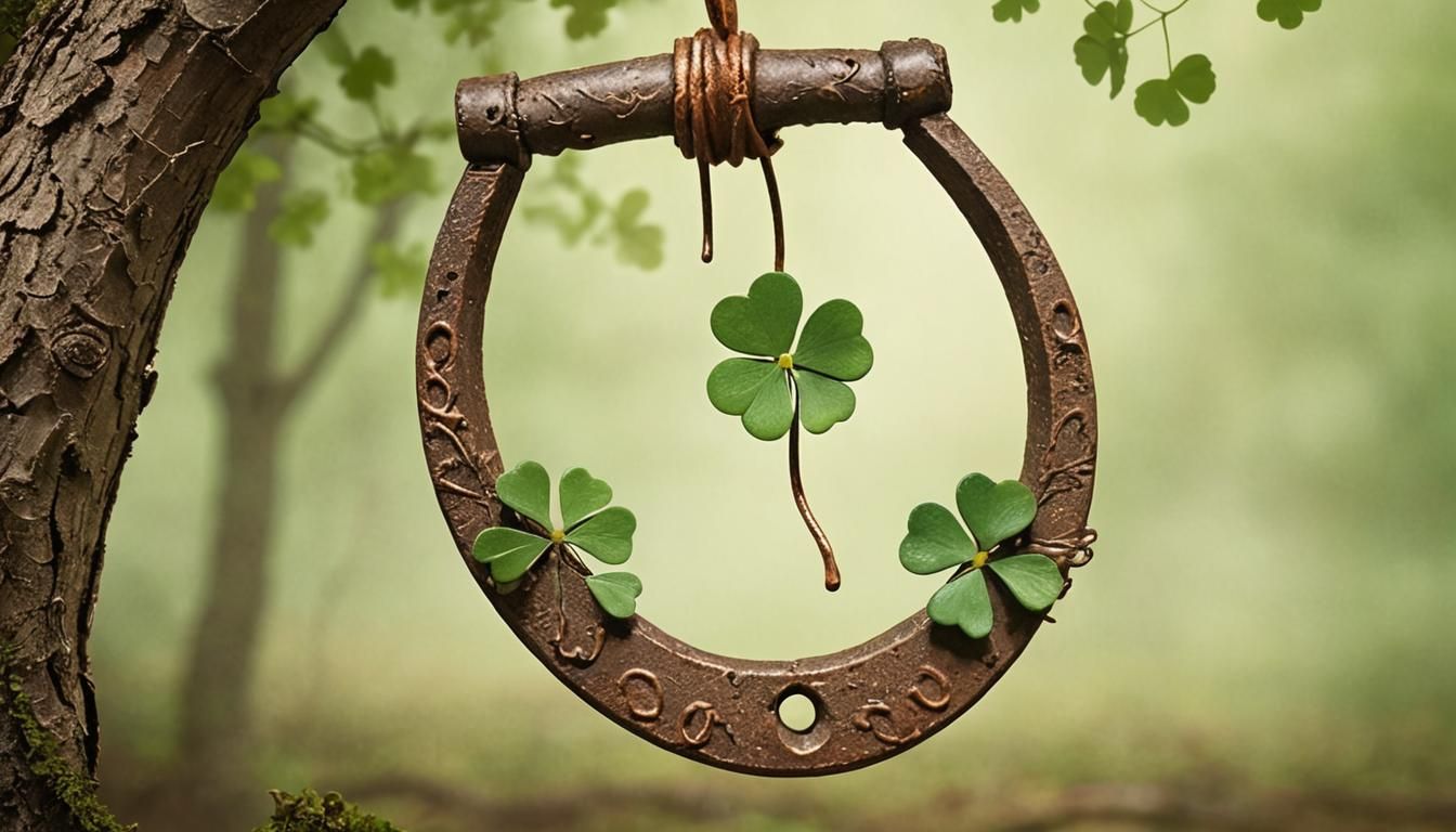 Horseshoe and Clover in Whimsical Folk Art Style