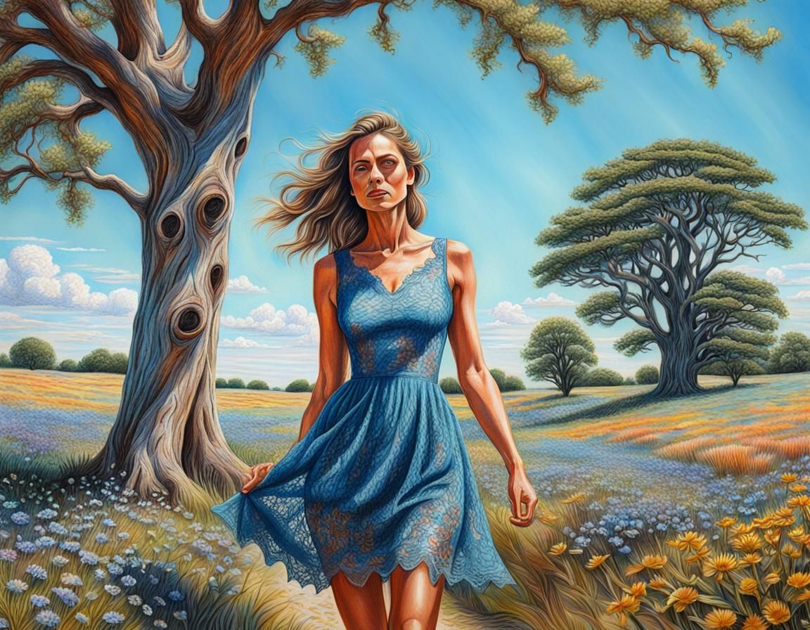 Young Woman Walking Among Wildflowers: Color Pencil Sketch