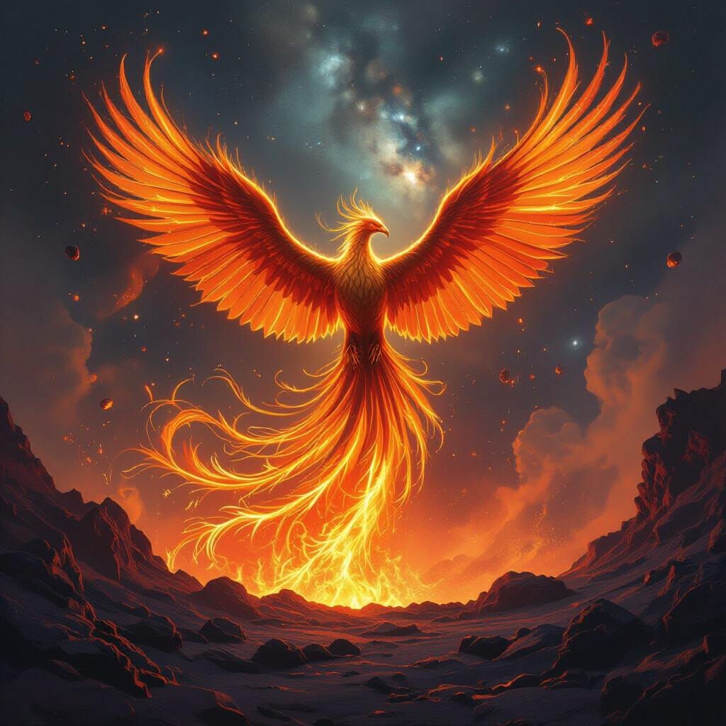 Phoenix Rising from Volcano in Epic Fantasy Art
