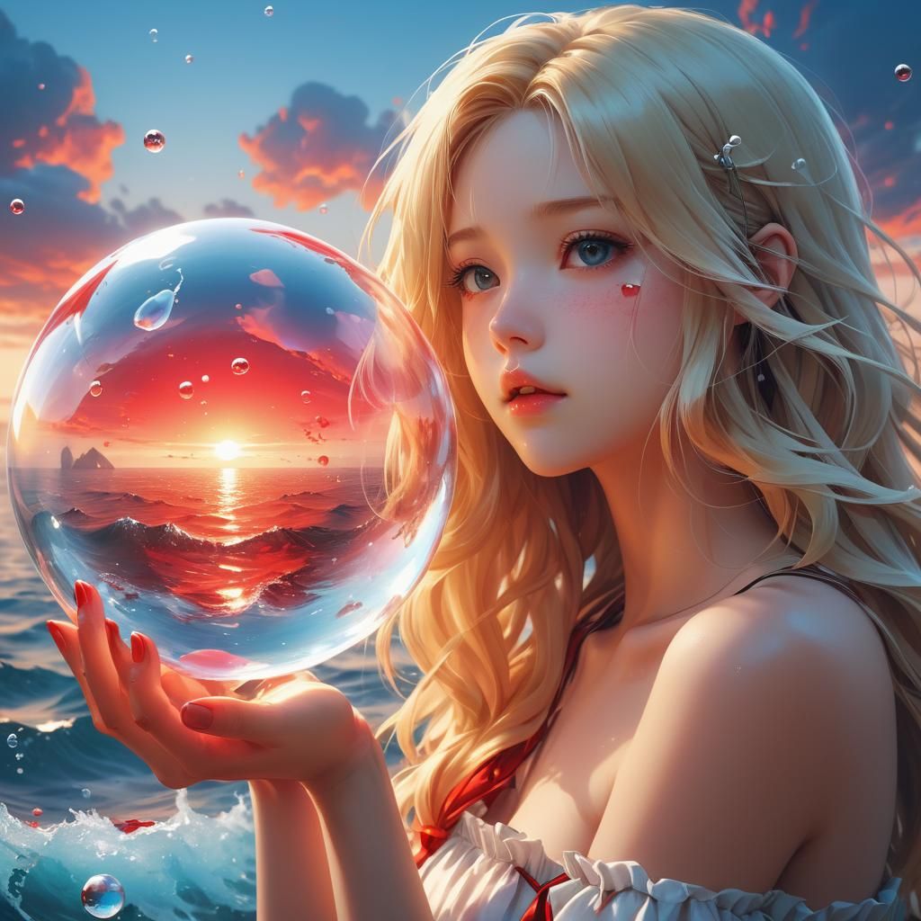 Blonde Woman Holding Glass Bubble with Red Sea Reflection