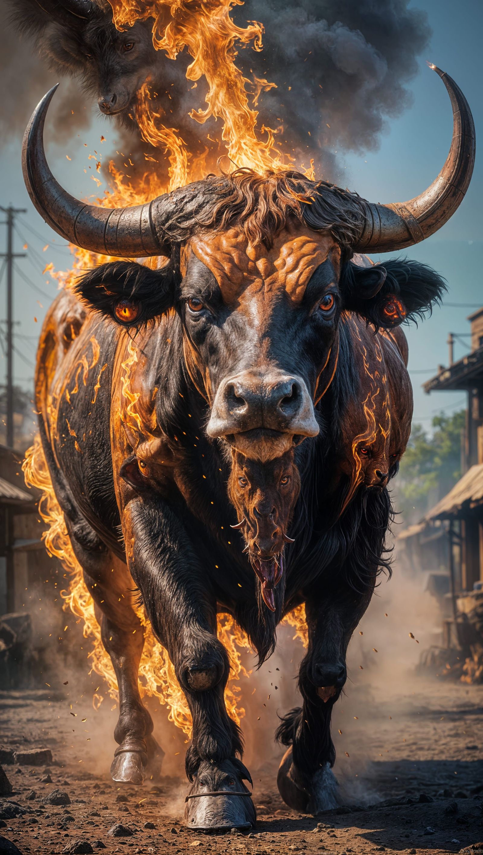 Fiery Oxen with Devil Eyes: Hyperrealistic Splash Art