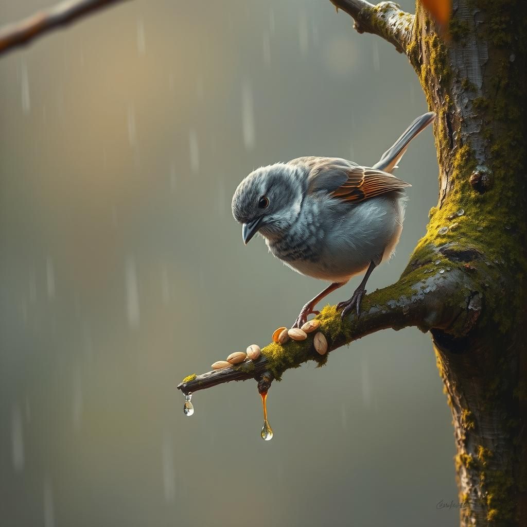 Sparrow in Rain: Impressionistic Oil Painting