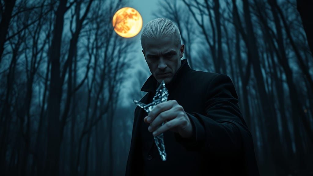 Mysterious Figure in the Mystic Woods Under Orange Moonlight