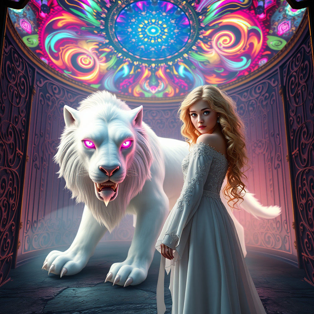 Woman and Ethereal Beast in Ornate Cage