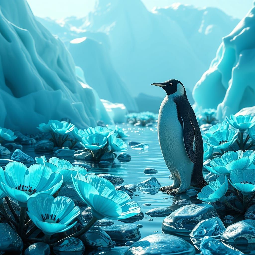 Arctic River Garden with Chrome Penguin in Art Deco Style