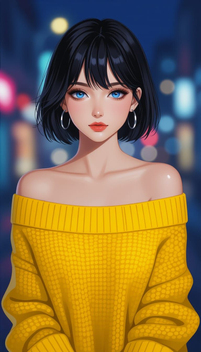 Anime Girl in Yellow Sweater, Urban Night