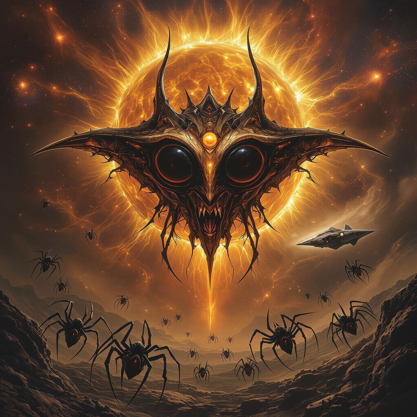 Alien Sun God with Droids and Spaceship