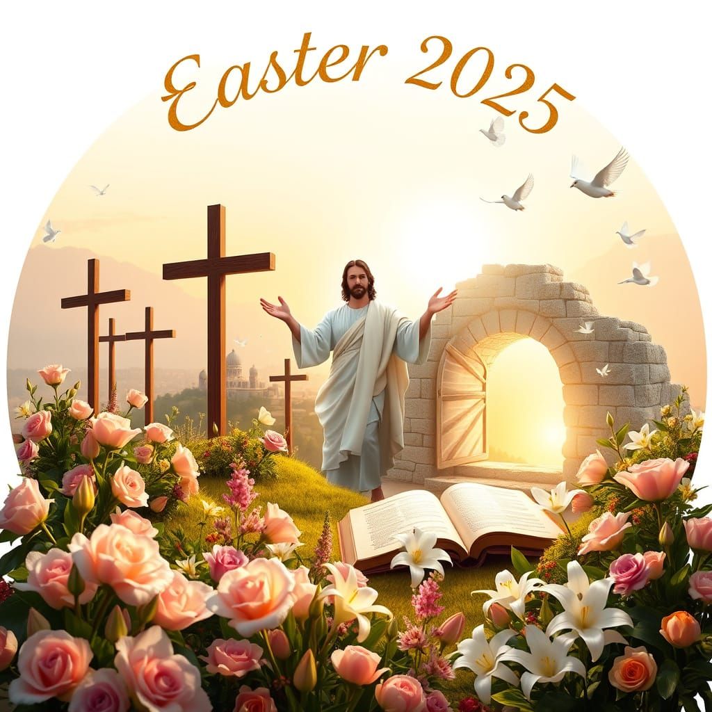 Easter Masterpiece: Radiant Spring Garden with Jesus Walking...