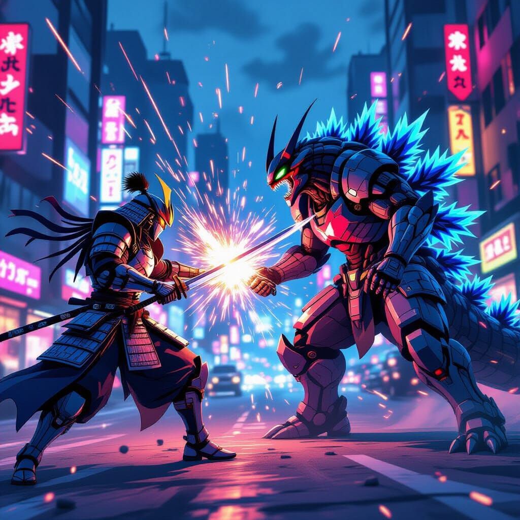 Anime Samurai Battles Kaiju in Neon Cityscape