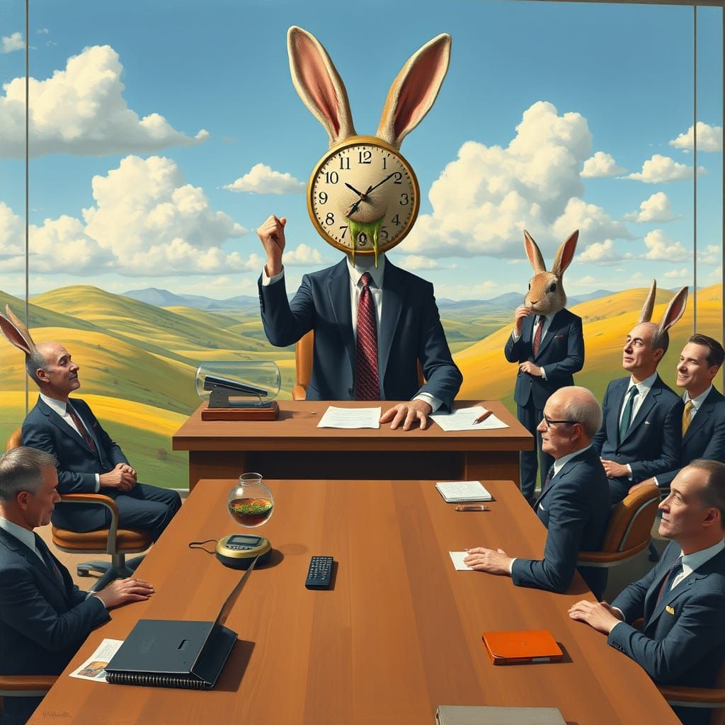 Surreal Office Scene with Dreamlike Characters