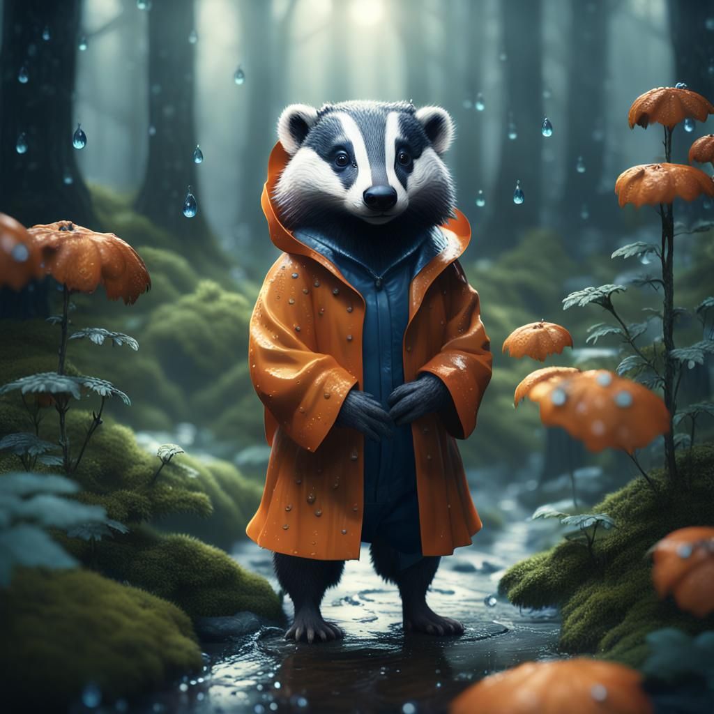 Badger in Raincoat: Whimsical Matte Painting