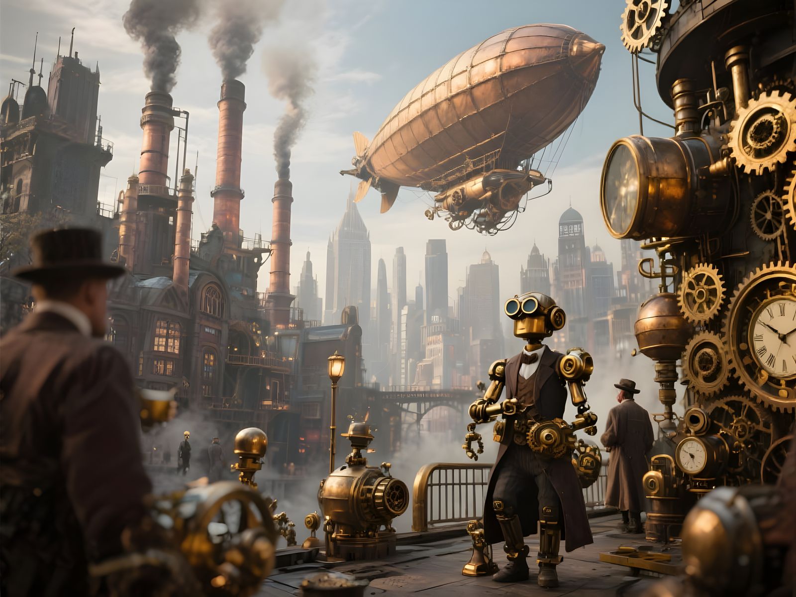 Steampunk Cityscape with Airships and Automatons