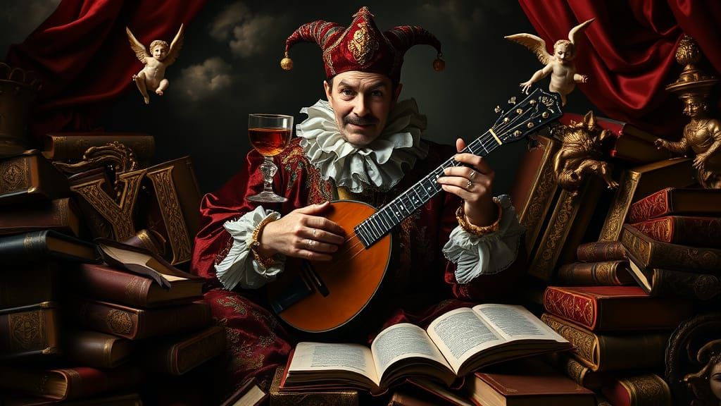 Regal Court Jester in Opulent Baroque Splendor