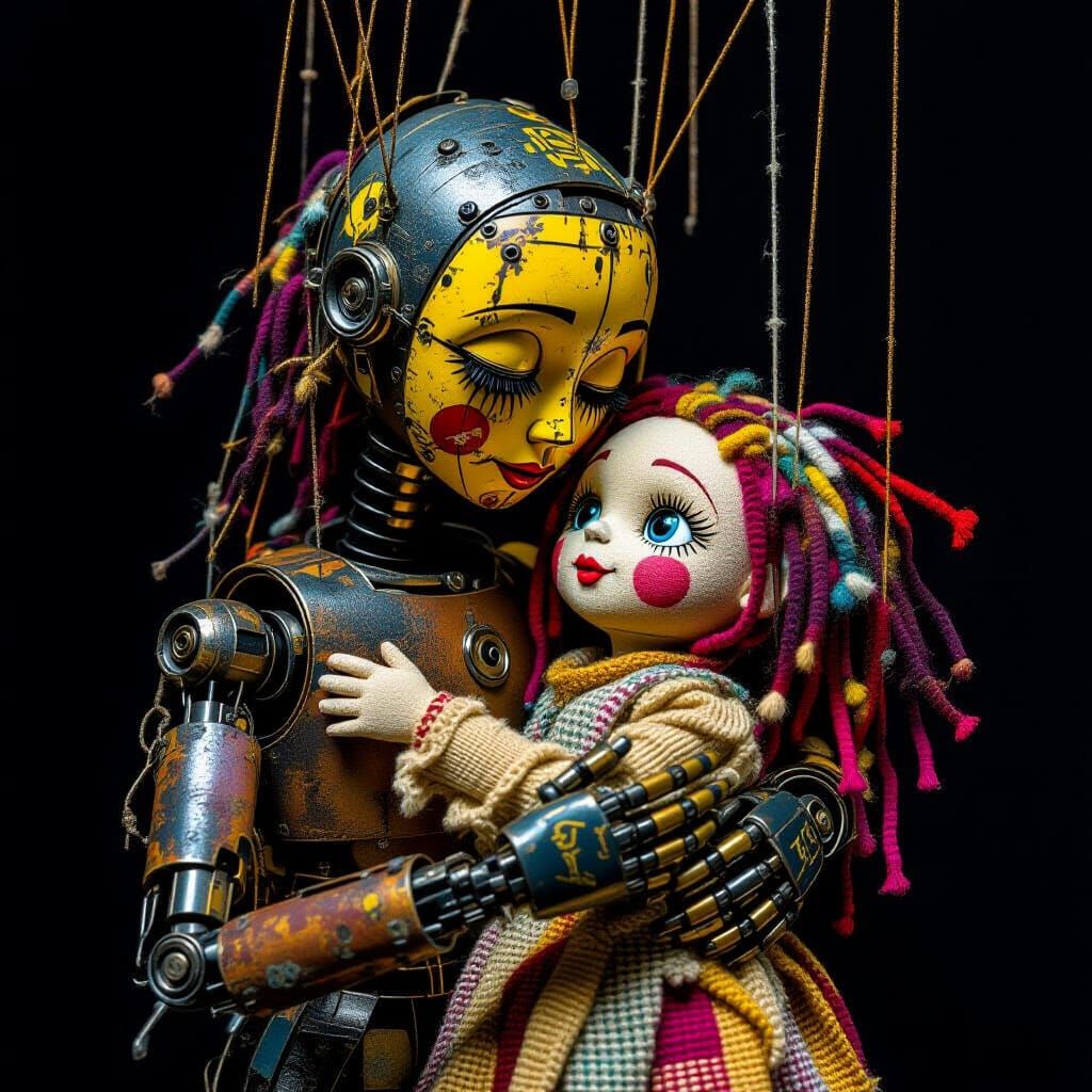 Cybernetic Puppet Embraces Child Ragdoll in Giger Bosch Styl...