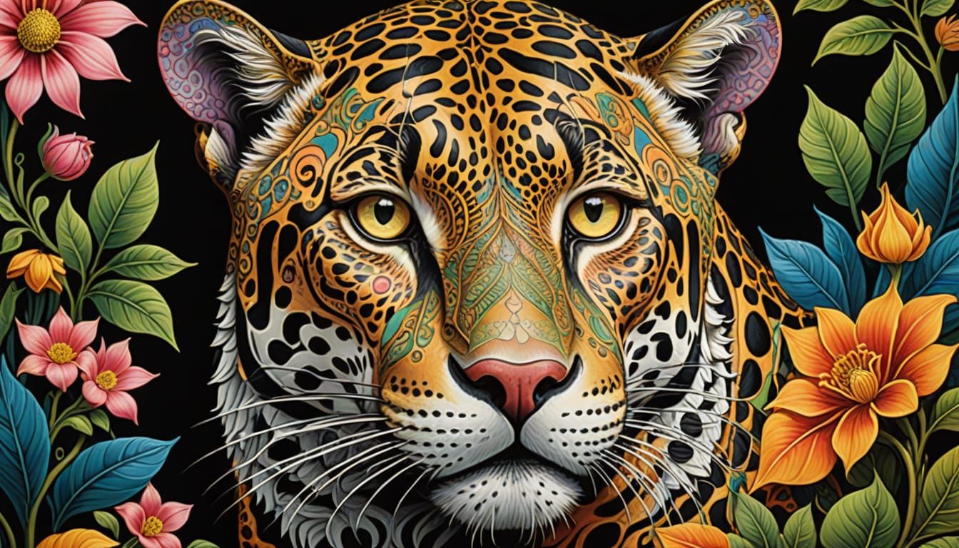 Surreal Jaguar Portrait in Vibrant, Art Nouveau-Inspired Sty...