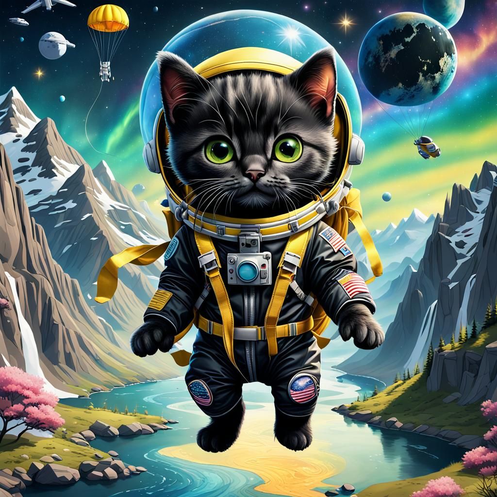 "Photography, macro photography, a happy black chibi kitten ...
