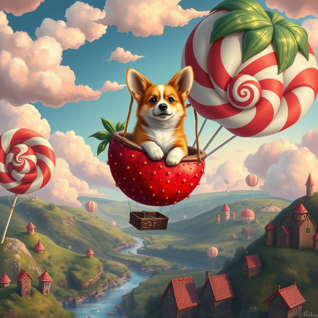 Corgi in Strawberry Balloon Over Candy Valley