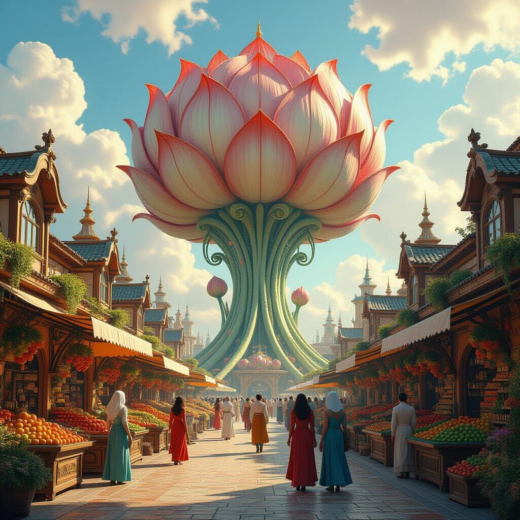 Flower City Marketplace with Art Nouveau Figures