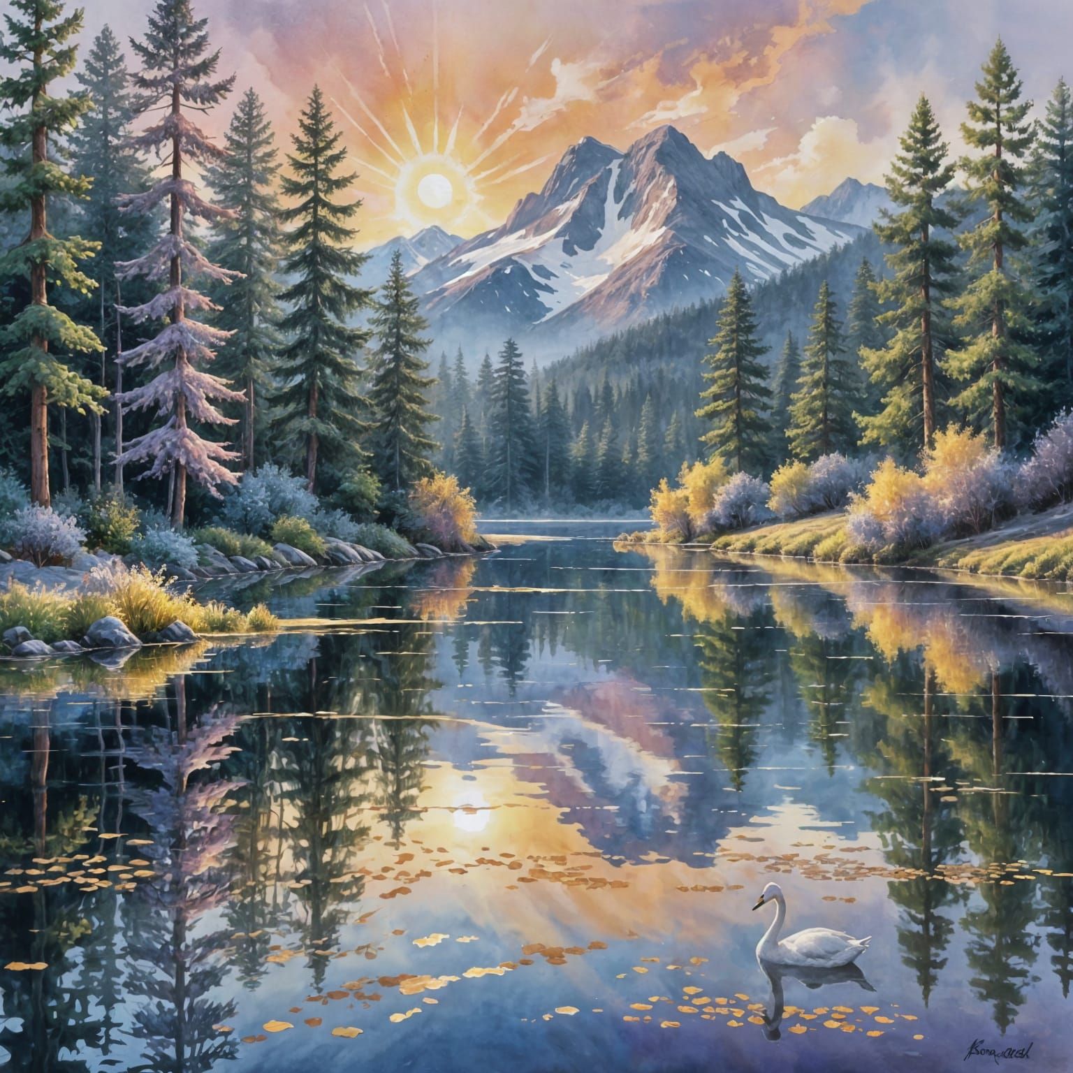 Tranquil Sunrise Lake in Impressive Gouache Style