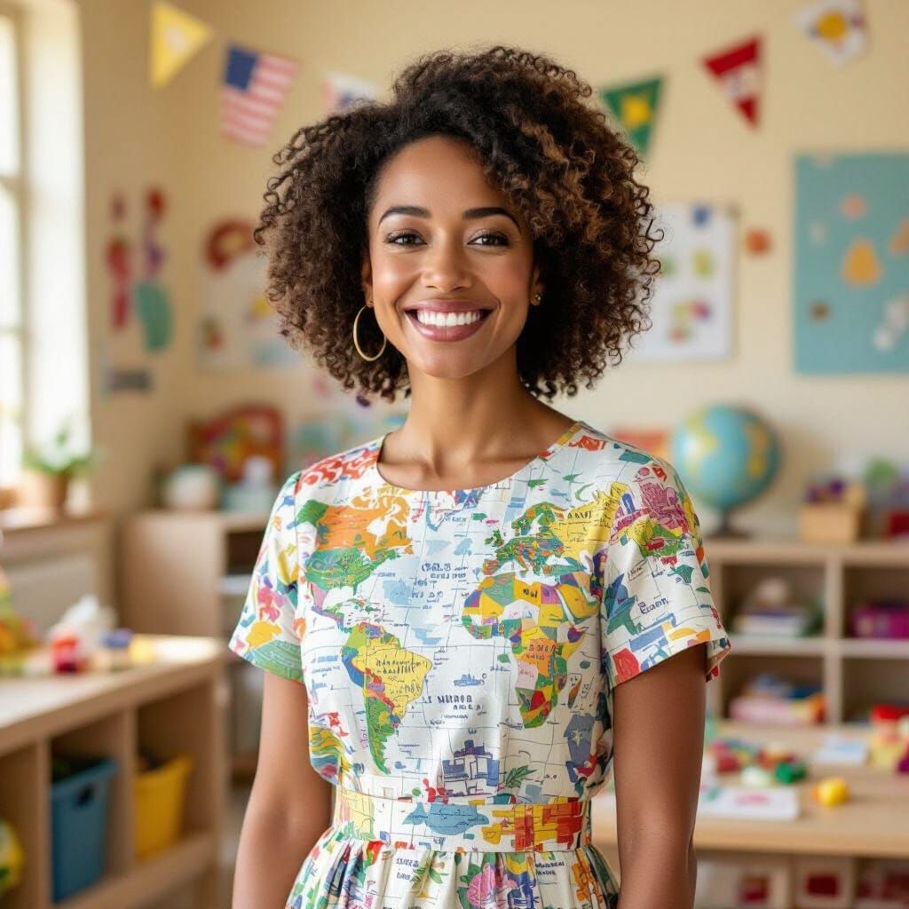 Smiling Teacher in Diverse Classroom, Whimsical Illustration