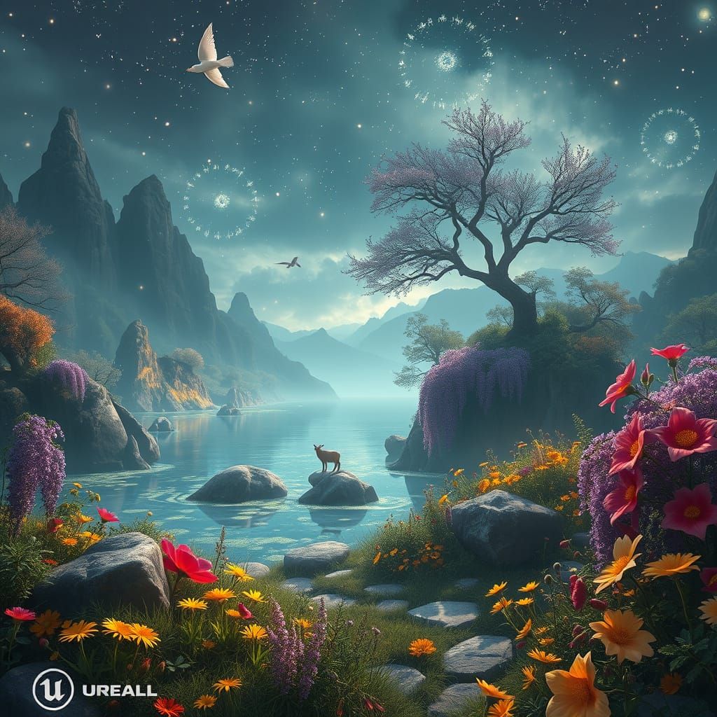 Majestic Magical Landscape with Floating Lights