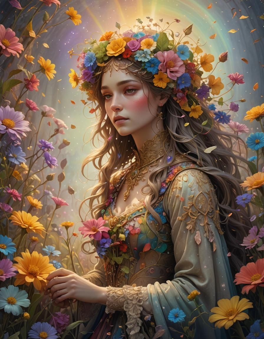 Mystical Woman Surrounded by Rainbow Flowers
