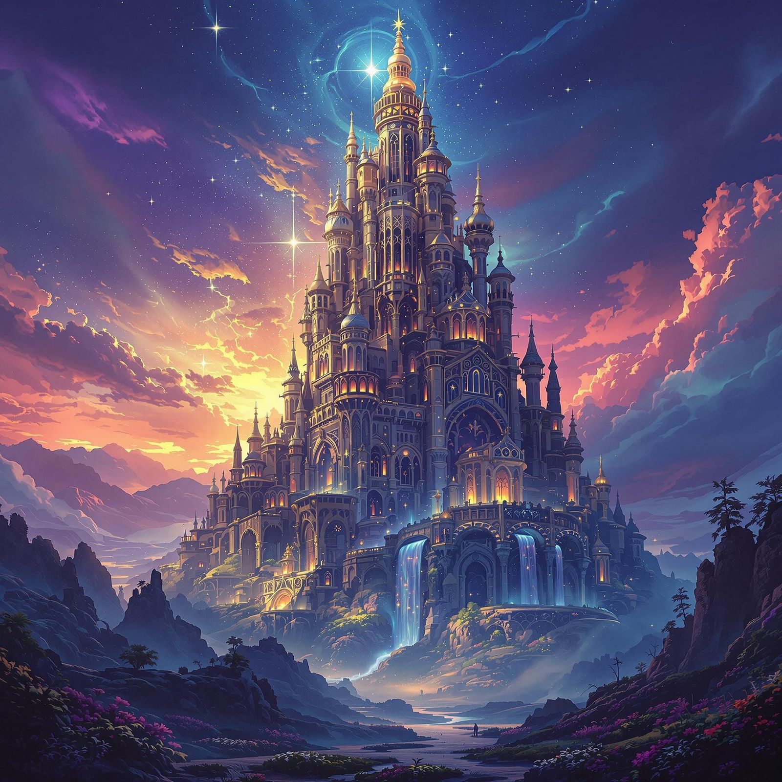 Mystical Tower in Dreamlike Fantasy Landscape