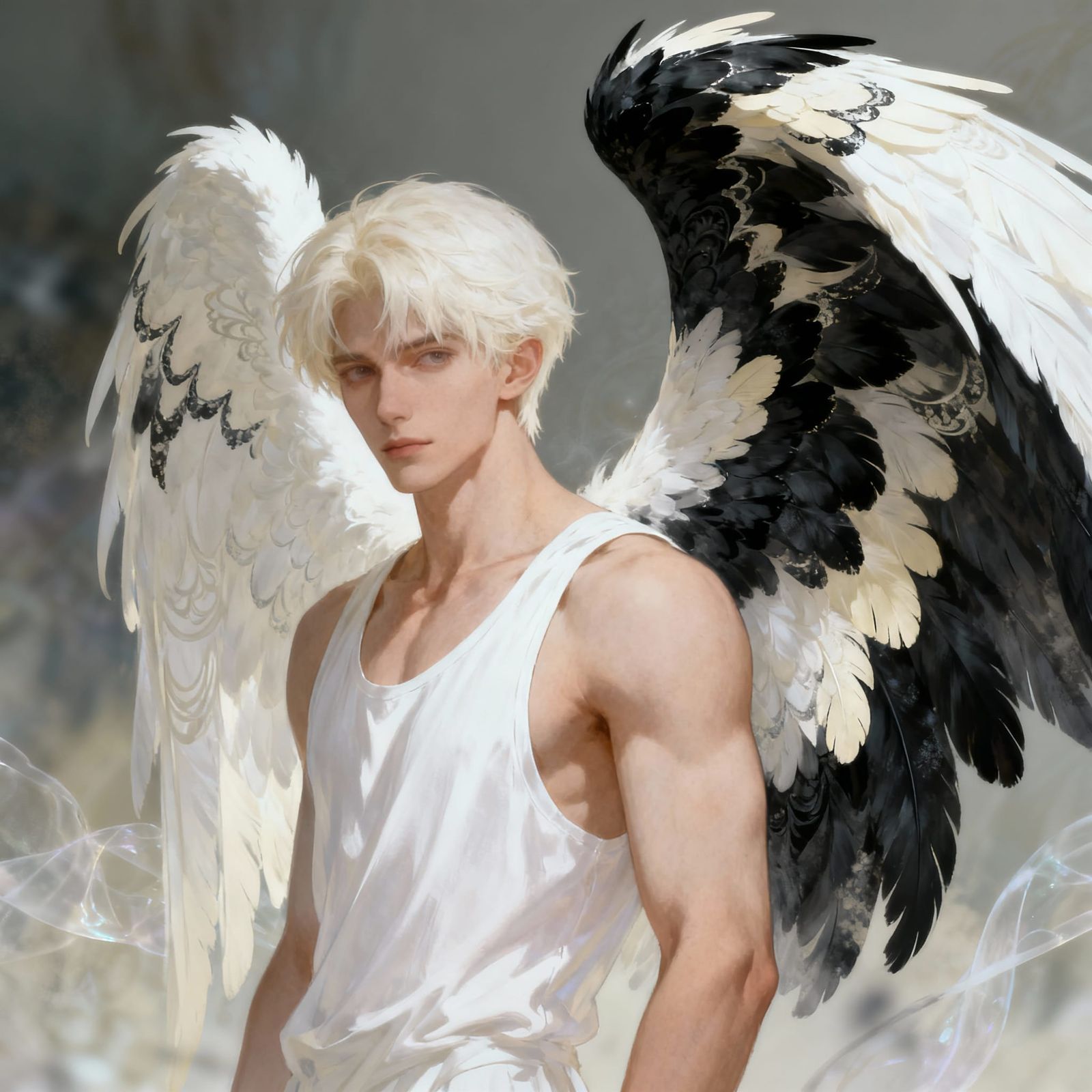 Ivory male muscular Angel wearing pure white vest with intri...
