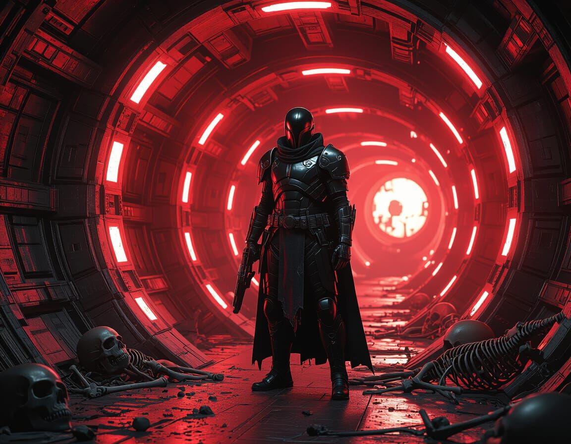 Gothic Sci-Fi Bounty Hunter in Biomechanical Corridor