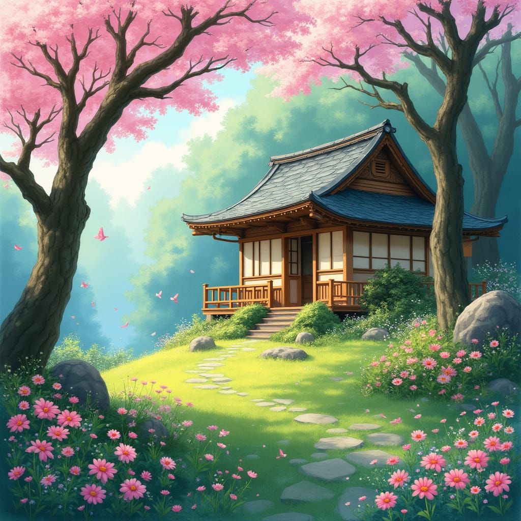 Serene Japanese Tea House Amidst Whimsical Cherry Blossom Fo...