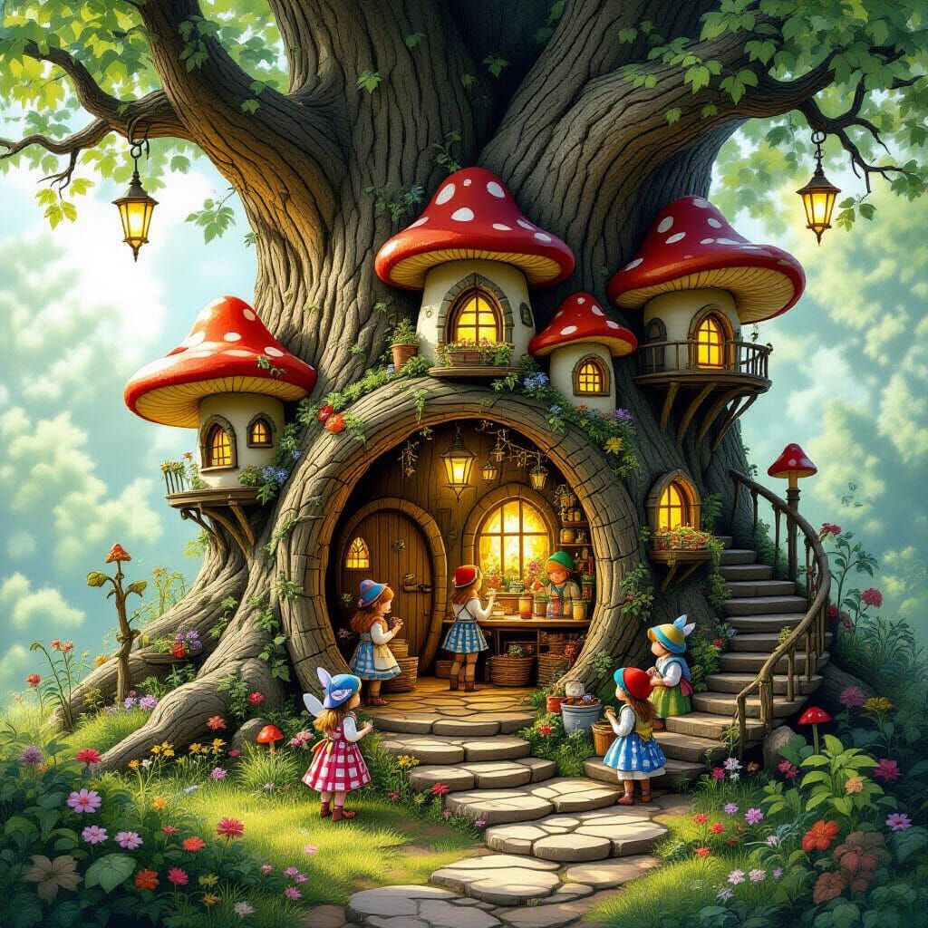 Enchanted Fairy Village in Hollow Tree, Matte Painting