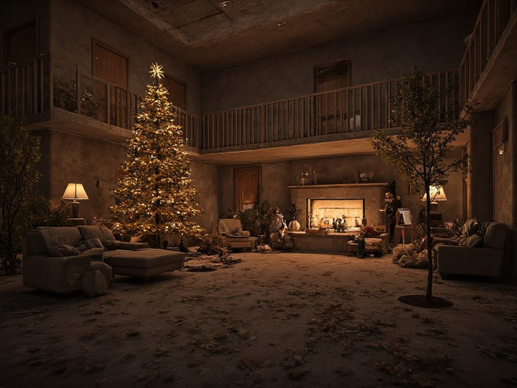Nostalgic Post-Apocalyptic Christmas Scene in Retro-Futurist...