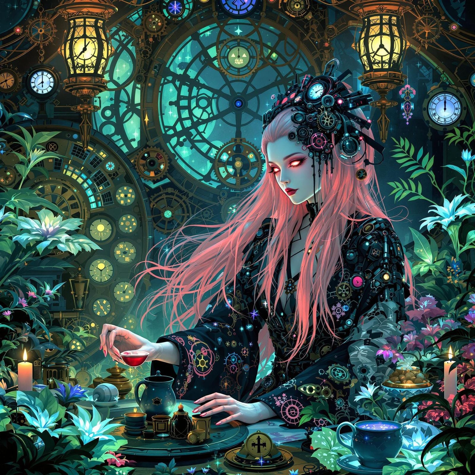 Gothic Cyborg Geisha in Bioluminescent Garden