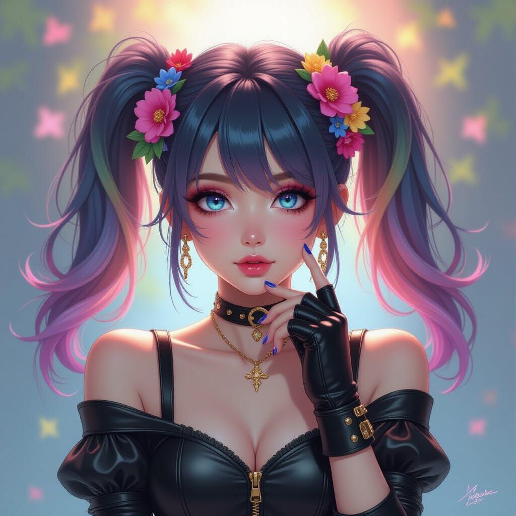 Anime Girl with Rainbow Hair and Leather Outfit