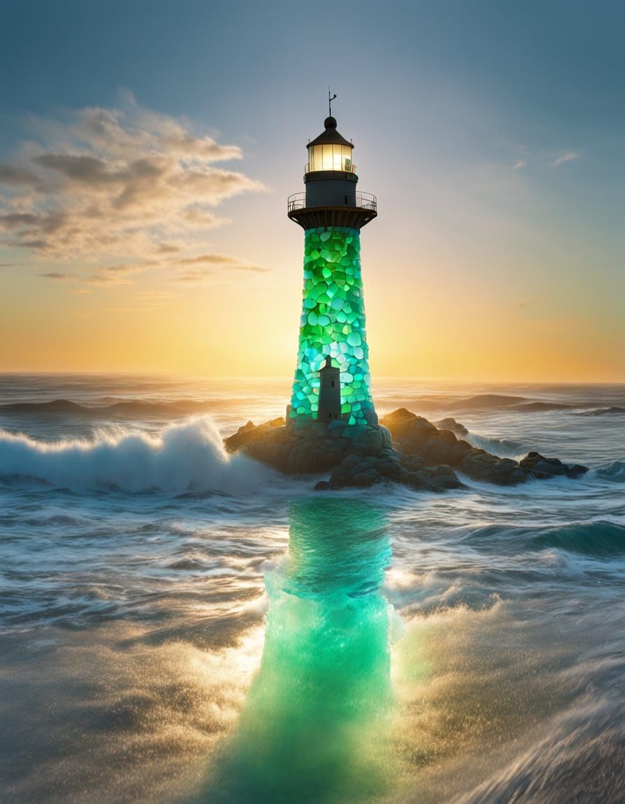 Sea Glass Lighthouse Glowing in Aqua and Emerald Tones