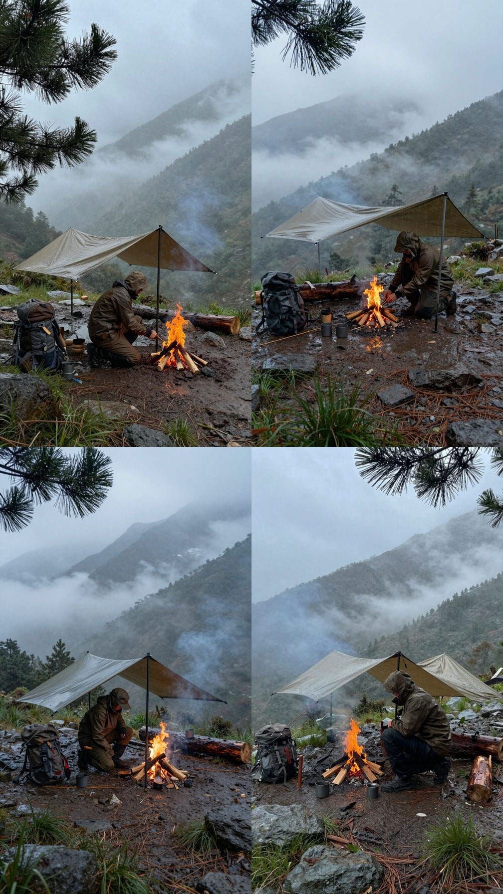 Hyper-Realistic Bushcraft Campsite in Misty Mountain Rain