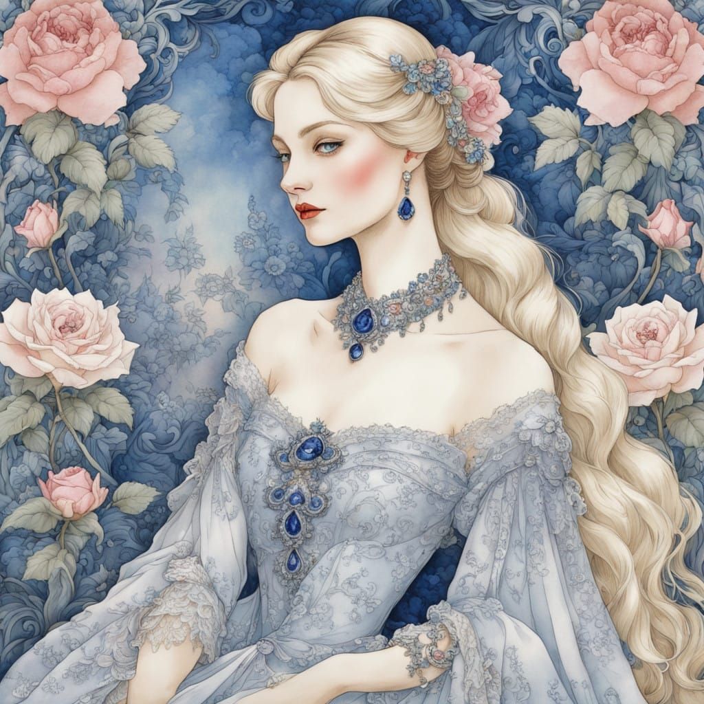 Russian Lady Surrounded by Whimsical Flowers in Dreamy Wonde...