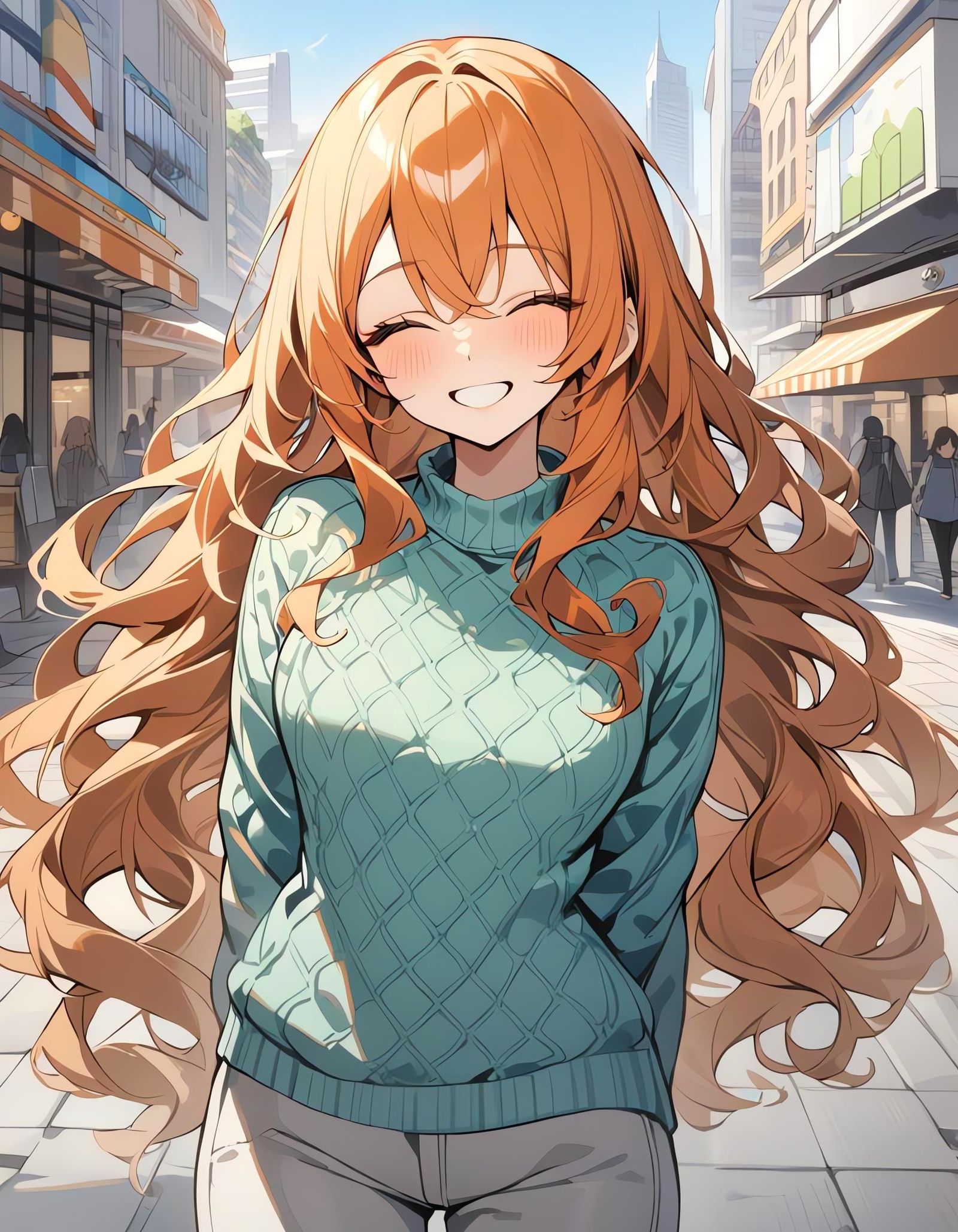 Smiling Girl with Orange Hair in City Plaza