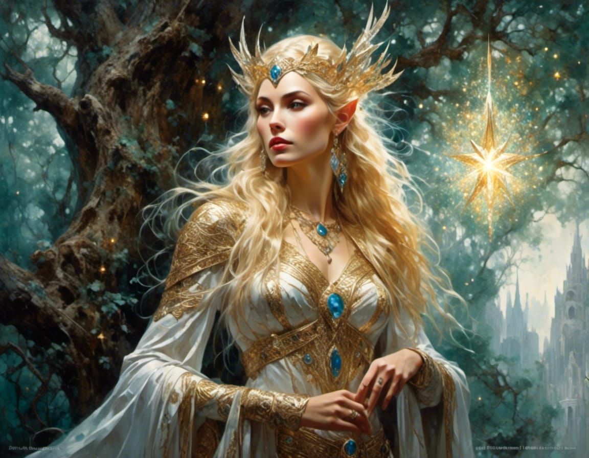 Elven Queen in Tree-City: Hyperdetailed Oil Painting